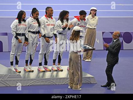 5th August 2024; Paris Olympic Games, Paris, France, Day 10; Athletics, The Medal Ceremony for the mixes 4x400m relay as The Great Britain team receive their bronze medals, Amber Anning, Samuel Reardon, Laviai Nielsen and Alex Haydock-Wilson Stock Photo