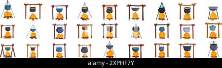 Pot campfire icons set. Large set of different boiling pots hanging over campfire cooking food, isolated on white Stock Vector