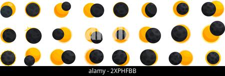 Solar eclipse icons set. Different phases of a solar eclipse with the moon covering the sun Stock Vector