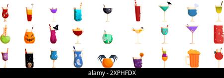 Cocktail Halloween icons set. Variety of colorful and festive halloween cocktails, perfect for adding a spooky touch to your celebration Stock Vector