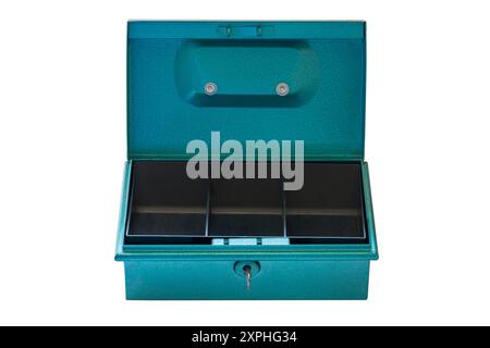 Empty metal lockable cash box, money tin isolated on white background Stock Photo