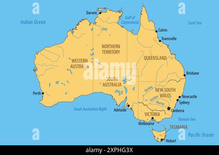 Vector map of Australia with the federated states and major cities Stock Photo