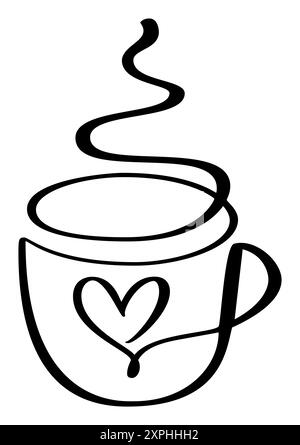 One continuous single line of hand drawn with cup of coffee decorated with heart symbol. Love romantic valentines Day vector logo icon isolated on Stock Vector