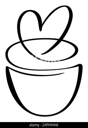 Single line of hand drawn with cup of coffee decorated with heart symbol. Love romantic valentines Day vector logo icon isolated on white background Stock Vector