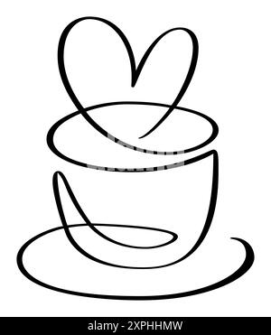 One continuous single line of hand drawn with cup of coffee decorated with heart symbol. Love romantic valentines Day vector logo icon isolated on Stock Vector