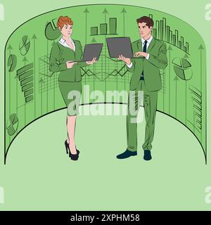 Man and woman researching information from reports and surveys. Business concept. Outline vector illustration. Stock Vector