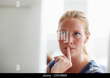Thinking, business woman and working on desktop for startup, research and planning with ideas. Office, solution and social media manager with computer Stock Photo