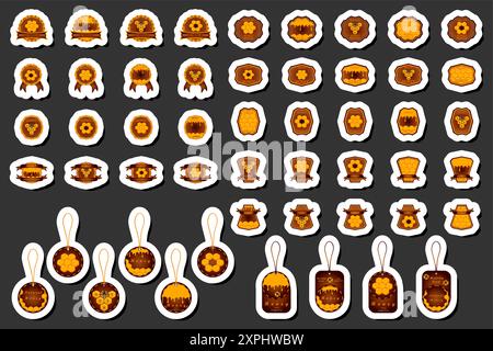 Illustration on theme for label of sugary flowing down honey in honeycomb with bee, label consisting from kit sticky honey at honeycomb off bee, honey Stock Vector