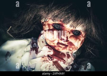 Scary, evil-looking doll portrayed in a cold, dark, and moody tone Stock Photo
