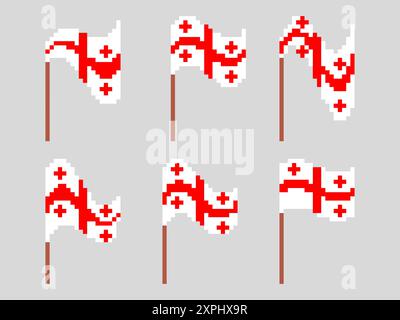 Georgia pixel flag icon set. Waving flag of Georgia in 8-bit retro graphic style of 80s. Pixel art design for banners and posters. Vector illustration Stock Vector