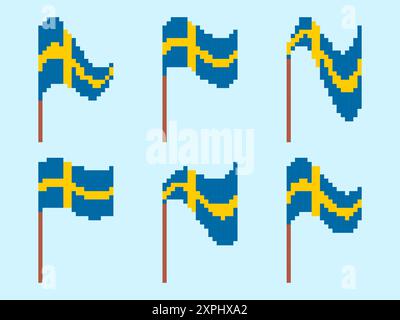 Sweden pixel flag icon set. Waving flag of Sweden in 8-bit retro graphic style of 80s. Pixel art design for banners and posters. Vector illustration Stock Vector