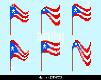 Puerto Rico pixel flag icon set. Waving Puerto Rico flag in 8-bit retro graphic style from the 80s. Pixel art design for banners and posters. Vector i Stock Vector