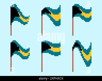 Pixel Bahamas flag icon set. Waving flag of Bahamas in 8-bit retro graphic style of 80s. Pixel art design for banners and posters. Vector illustration Stock Vector