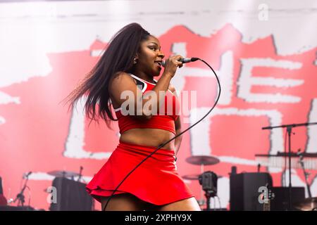 Ninja, vocalist with The Go! Team, on stage at Kaleidoscope festival, Alexandra Palace, London 2024 Stock Photo