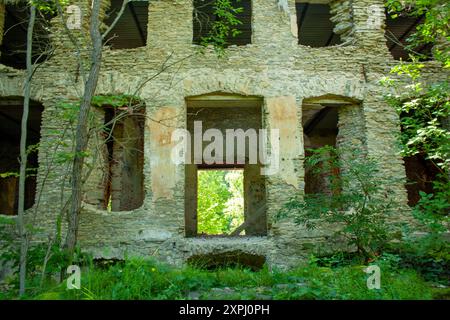 Abandoned Stone Building Overgrown With Greenery and Vegetation Stock Photo