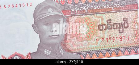 Kyat Banknote Collection Reverse of 1 Kyat banknote printed by Myanmar, that shows Guilloché ...