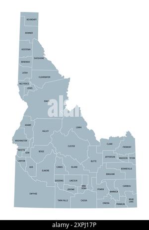 Idaho, U.S. state, subdivided into 44 counties, gray political map with borders and county names. State in the Mountain West region of the USA. Stock Photo