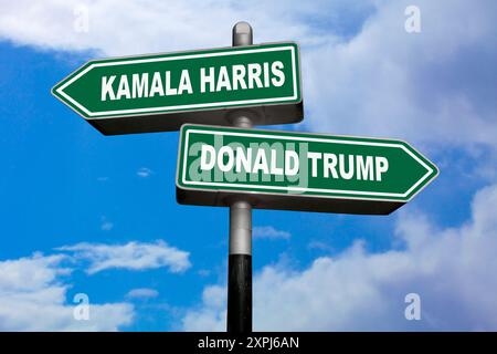 Two direction signs, one pointing left (Kamala Harris), and the other one, pointing right (Donald Trump). Stock Photo