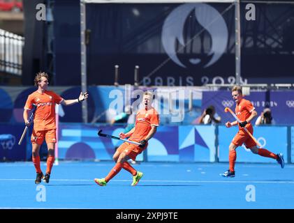 Colombes, France. 6th Aug, 2024. Thijs van Dam (C) of the Netherlands celebrates scoring during the men's hockey semi-final match between the Netherlands and Spain in Colombes, France, Aug. 6, 2024. Credit: Ren Pengfei/Xinhua/Alamy Live News Stock Photo