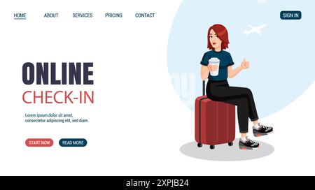 Young woman sitting on suitcase showing thumbs up. Online check in concept. Vector. Time to travel website, web page. Stock Vector