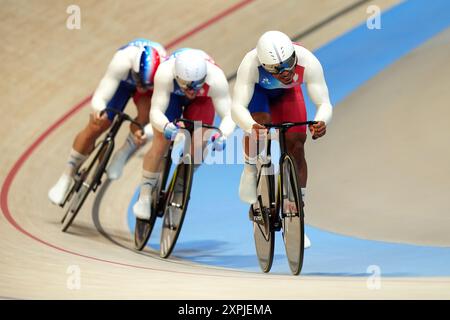 France's Florian Grengbo, Sebastien Vigier and Rayan Helal during the Men's Team Sprint finals at the National Velodrome, Saint-Quentin-en-Yvelines, on the Eleventh day of the 2024 Paris Olympic Games in France. Picture date: Tuesday August 6, 2024. Stock Photo