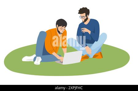 Two students is sitting on the grass with a laptop. Education concept Stock Vector