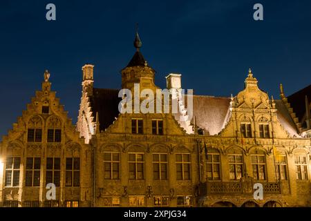 Step-gabled house facades in Grand Place in medieval Veurne in Flanders, Belgium Stock Photo