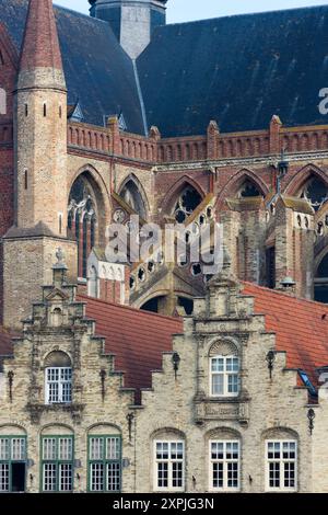 Typical step-gabled facades of medieval houses in Flanders, Belgium. These are on the market square of the 16th century market square in Veurne. Stock Photo