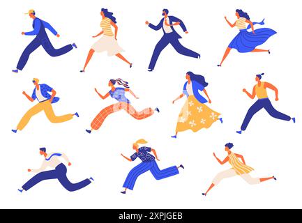 Group of colorful running people isolated on white background. Stock Vector