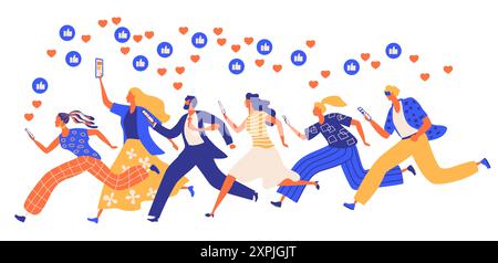 A group of people running with phones in their hands. Concept of the influence of social networks. Influencer marketing social media concept Stock Vector