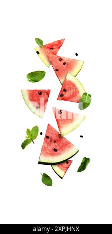 Pieces of ripe watermelon and mint leaves on a white background. Watermelon slices and mint. Fresh red watermelon slices. Composition. Sliced delici Stock Photo