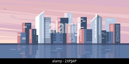 City buildings reflected in the water. Urban buildings and city architecture. Сityscape with sky at sunset or sunrise. Vector illustration Stock Vector