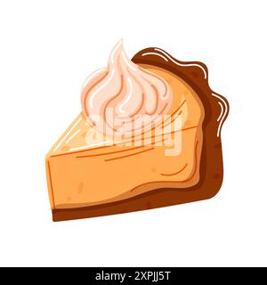 Slice of pumpkin pie with a whipped cream on top. Cartoon style. Cake with smooth, creamy filling and a golden-brown crust for bakery design. Vector Stock Vector