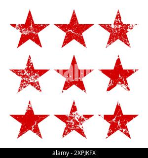 Red vintage stars with cracks and stains. Old hand-drawn sign, black simple shape. Retro design element with distressed effect, grunge texture. Vector Stock Vector