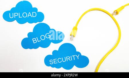 Two yellow cables connected to a blue cloud Stock Photo
