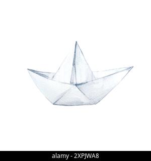 Paper boat watercolor hand drawn illustration. Single object isolated on white background. Stock Photo