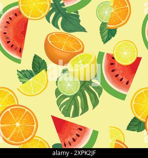 Fresh fruits summer seamles pattern. Fresh orange, lemon, citron, watermelon, lime sliced pieces ovwer water waves sea pattern. Vector colorful food d Stock Vector