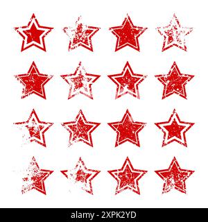 Red vintage stars with cracks and stains. Old hand-drawn sign, black simple shape. Retro design element with distressed effect, grunge texture. Vector Stock Vector
