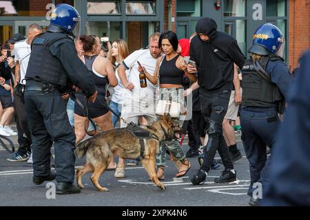 Bristol riot -  Police use police dogs to control and push back Far-right activists during an Enough is Enough protest in Bristol. 03-08-2024 Stock Photo