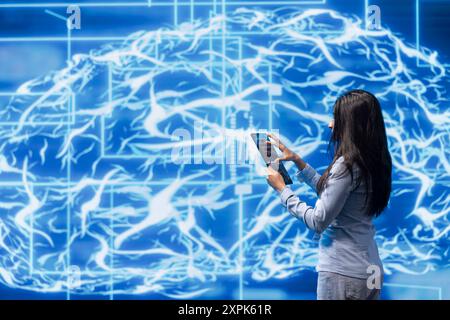 Computer scientist solving tasks on tablet, running artificial intelligence programming scripts. Engineer manipulating lines of code for AI applications development on digital device Stock Photo
