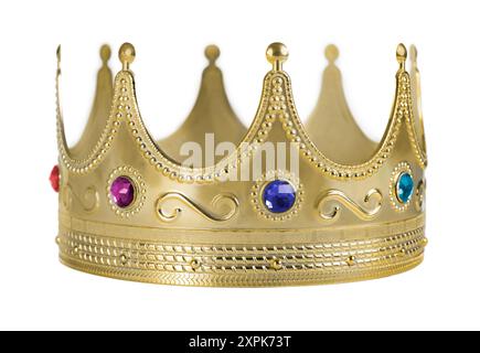 Crown - gold style crown icon with gemstones, Symbol isolated on white background. Stock Photo