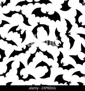 Halloween bats silhouettes, cloud of bats seamless pattern of vector Halloween horror holiday. Black shadows of spooky night monster animals on white Stock Vector