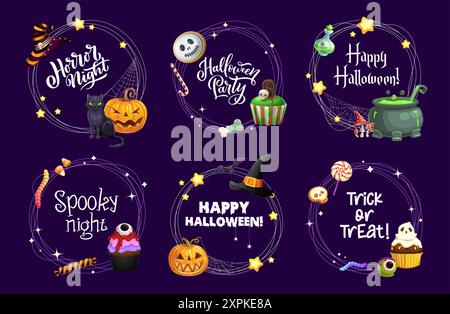 Halloween holiday frames with sweets, witch hat and pumpkins, vector cartoon borders. Halloween spooky horror night frames with candy skull, eye lolli Stock Vector