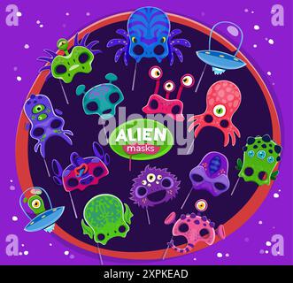 UFO alien photo booth and carnival masks or props, vector kids space birthday party. Cartoon funny monster faces, cute little extraterrestrial astrona Stock Vector