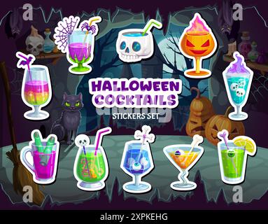 Halloween cocktails stickers pack. Cartoon vibrant patches set featuring drinks adorned with eerie skulls, eyeballs, spiders, and flames at spooky bac Stock Vector