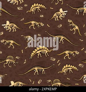 Dinosaur fossils seamless pattern features dino bones and skeletons arranged on a brown, textured soil background. Vector tile, wallpaper or textile w Stock Vector