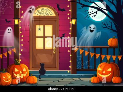 Realistic Halloween ghosts and scary pumpkin lanterns at holiday decorated door porch, cartoon vector. Halloween trick or treat party boo ghosts with Stock Vector
