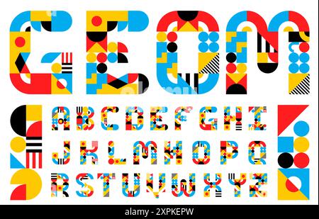 Abstract geometric modern type, alphabet letters and numbers typeface vector typography of color triangle, circle and square shapes. English abc upper Stock Vector