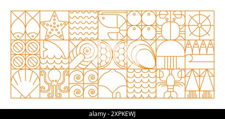 Seafood line modern geometric pattern of vector sea food fish and animals. Abstract geometric background with outline orange oyster, shrimp, octopus a Stock Vector