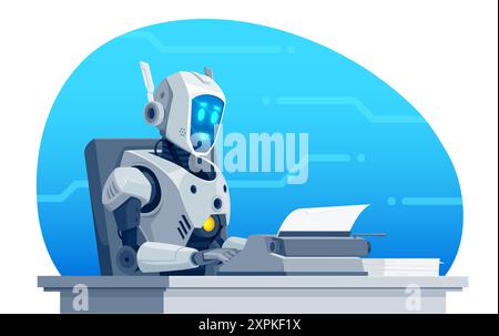 Robot writer, vector AI artificial intelligence. Cartoon modern humanoid robot or bot character typing text on vintage typewriter. Happy smiling AI bo Stock Vector